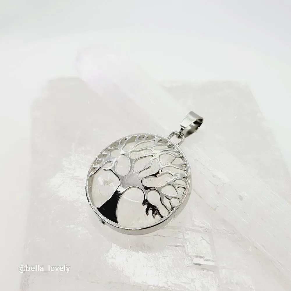 Clear Quartz Crystal Yogi Tree of Life Silver Toned Handmade Pendant 1.5